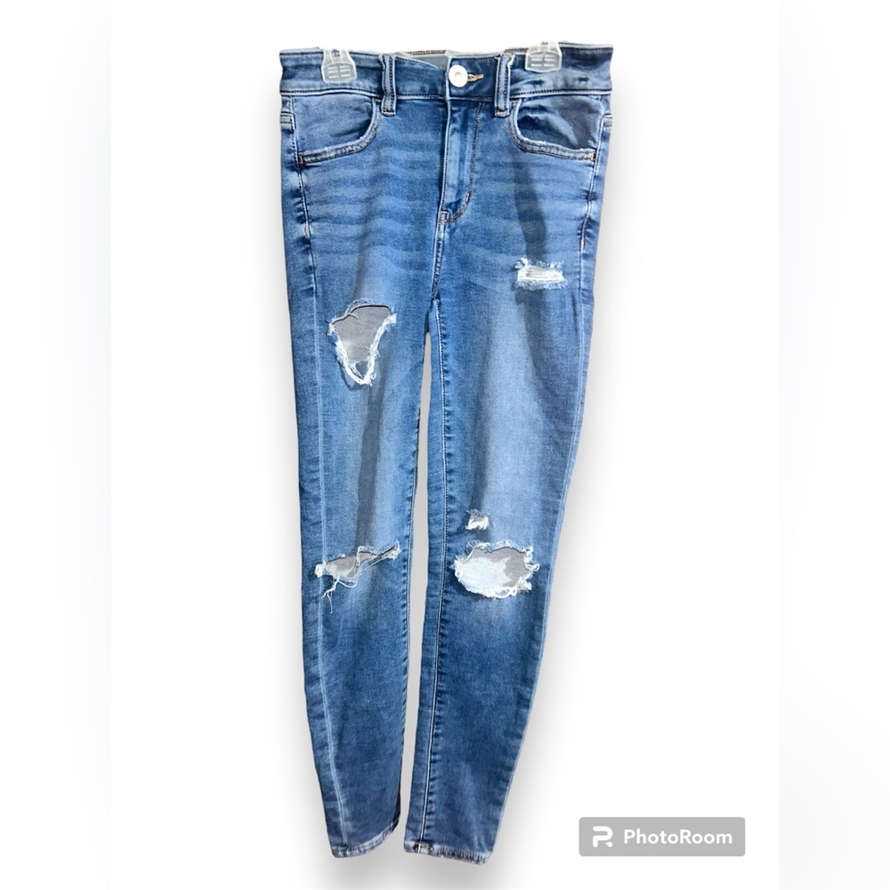 American Eagle Next Level Stretch Distressed Blue High Rise Jeggings Size2 short